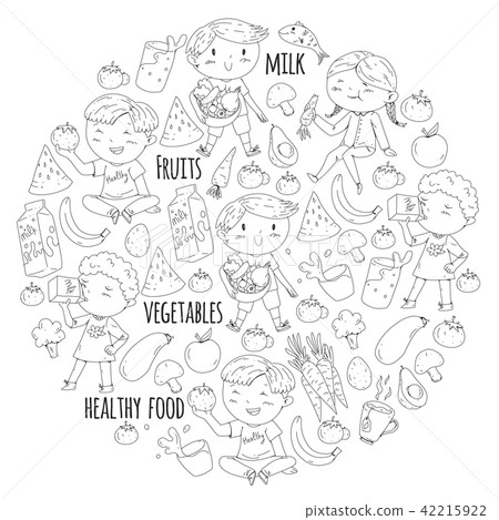 Healthy food for children. Kindergarten, school kids eating watermelon, eggplant, fish, tomato Healthy food for children. Kindergarten, school kids eating watermelon, eggplant, fish, tomato 42215922
