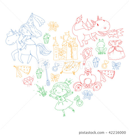 Princess vector patterns. Cute little princess with unicorn and dragon. Castle for little girl 42216000