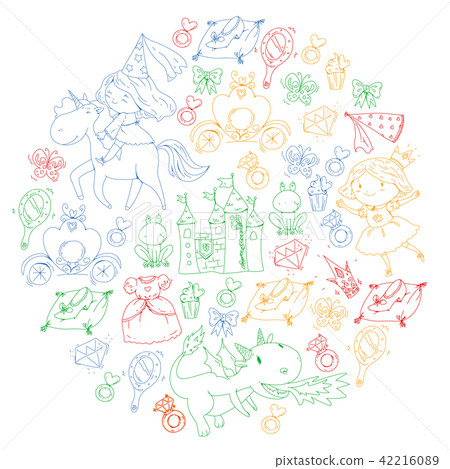 Princess vector patterns. Cute little princess with unicorn and dragon. Castle for little girl Princess vector patterns. Cute little princess with unicorn and dragon. Castle for little girl 42216089