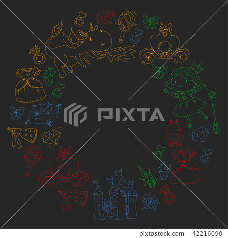 Princess vector patterns. Cute little princess with unicorn and dragon. Castle for little girl 42216090