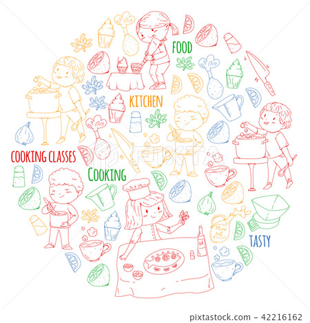 Cooking class banners, courses for little kindergarten children. Kitchenware, kitchen items, utensil 42216162