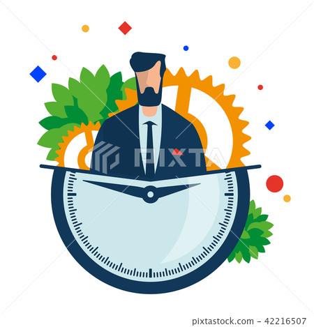 Working hours. Manager with a clock and gears. Working hours. Manager with a clock and gears. 42216507