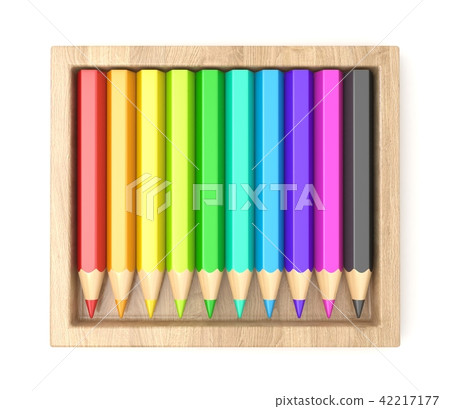 Wooden box with colorful pencils. 3D 42217177