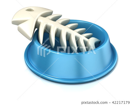 Blue cat bowl with fish bone, 3D 42217179