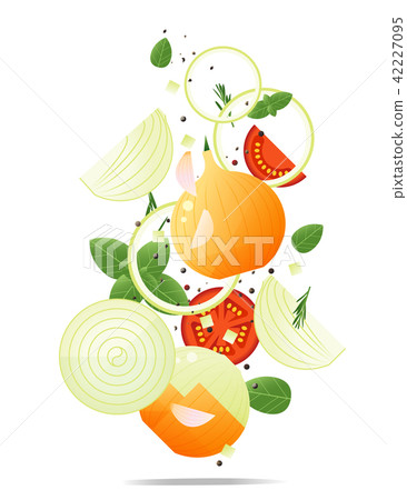 Flying fresh onions and spices concept 42227095