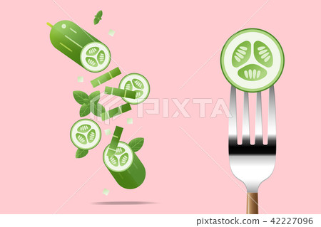 Fresh cucumber on fork with flying cucumbers 42227096