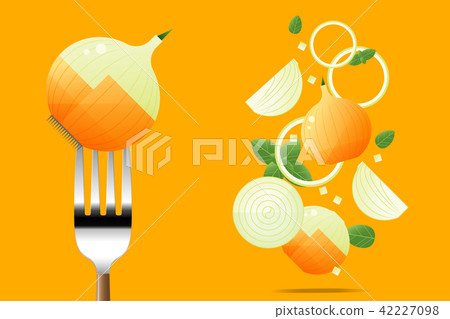 Fresh onion on fork with flying onions background 42227098
