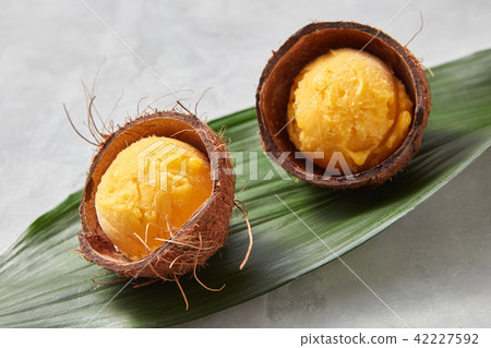 Fruit ice cream balls in a coconut shell on a green leaf on a gray concrete background. Top view 42227592