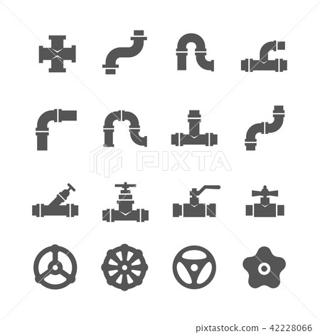 Valve, taps, pipe connectors, details vector icons set Valve, taps, pipe connectors, details vector icons set 42228066