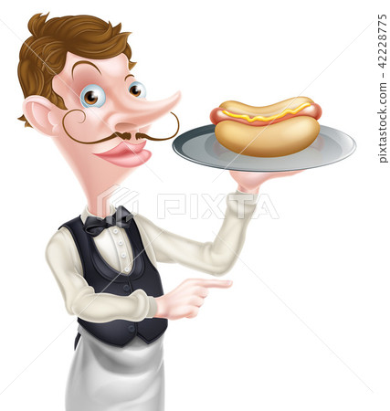 Hotdog Cartoon Waiter Butler Pointing 42228775