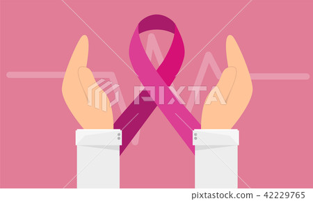 Breast cancer awareness banner - hand hold pink ribbon sign on pink background Breast cancer awareness banner - hand hold pink ribbon sign on pink background 42229765