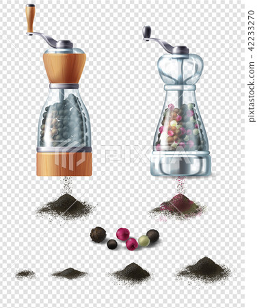 Vector clipart with pepper mills and peppercorns 42233270