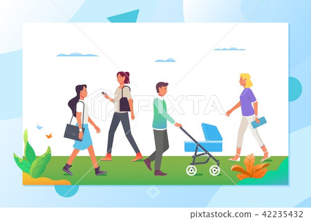 people walking in the city park.Vector cartoon active characters in various lifestyles in street 42235432