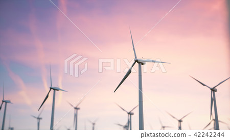 3d illustration of a beautiful, spectacular sunset on a background of wind turbines. Ecological net 3d illustration of a beautiful, spectacular sunset on a background of wind turbines. Ecological net 42242244