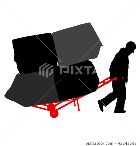 Black silhouette hard worker pushing wheelbarrow 42242582