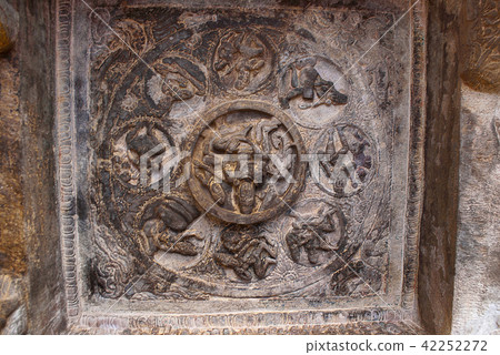 Cave 3 : Fresco paintings on ceiling, Badami Caves 42252272