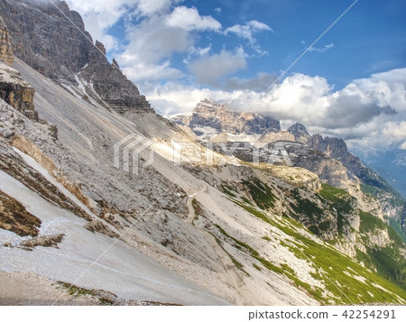 Rest of melting snow at gravel road in mountains Rest of melting snow at gravel road in mountains 42254291