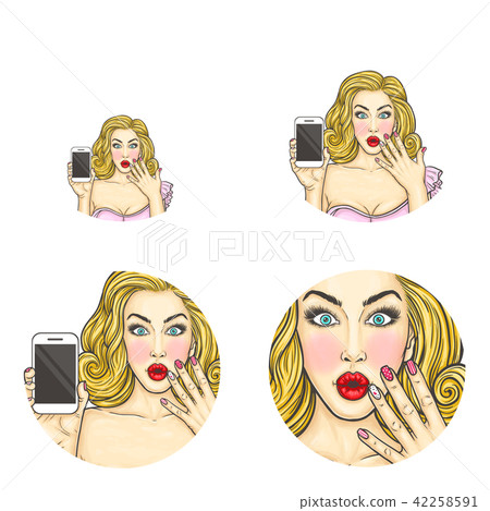 Vector pop art avatar, icon of shocked, surprised pin up girl holding smartphone to announce 42258591