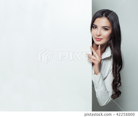 Student woman showing white blank paper banner 42258800