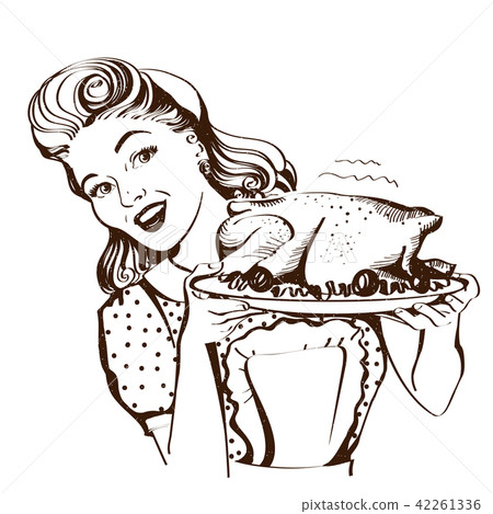 Retro smiling housewife cooks roasted turkey 42261336