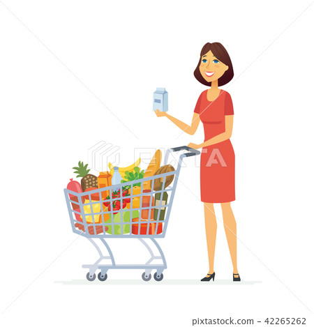Young woman with a shopping cart - cartoon... - Stock Illustration  [42265262] - PIXTA