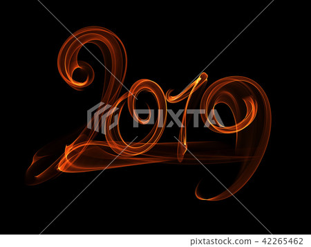 Happy new year 2019 isolated numbers lettering written with white fire flame or smoke on black 42265462