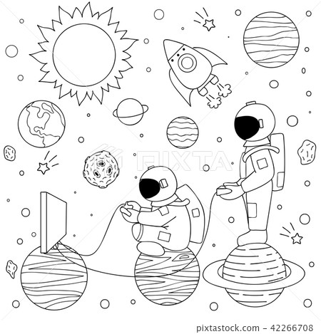 Hand drawn two funny astronauts playing video game 42266708