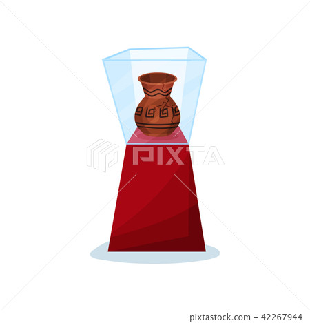Ancient vase on red stand under glass box. Old ceramic amphora with ornament and crack. Exhibit of Ancient vase on red stand under glass box. Old ceramic amphora with ornament and crack. Exhibit of 42267944