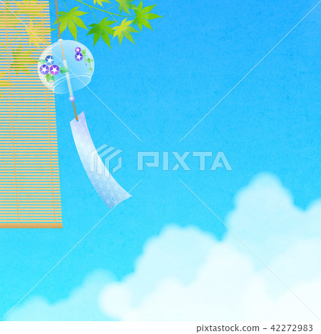 Morning glory patterned wind chimes and green maple leaves under the summer sky Morning glory patterned wind chimes and green maple leaves under the summer sky 42272983