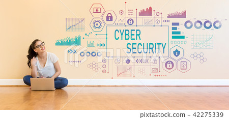 Cyber Security with young woman using a laptop computer  42275339