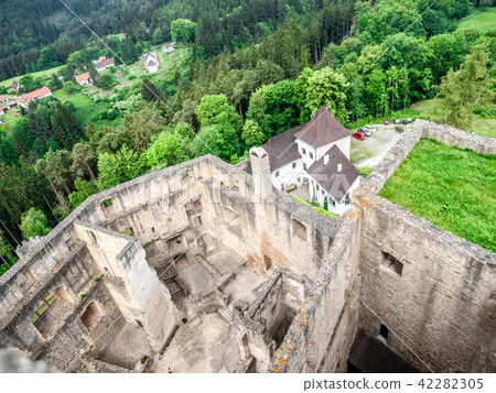 Landstejn Castle Ruins. View of ruined walls from castle tower Landstejn Castle Ruins. View of ruined walls from castle tower 42282305