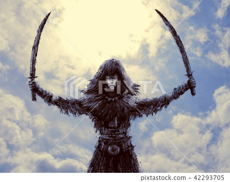 Warrior girl with two raised sabers. 42293705