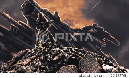 Astronaut on the background of a crashed spaceship 42293706