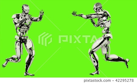 Robot android running with a gun. Realistic motion on green screen. 3D Rendering. 42295278