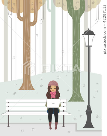 Teen Girl Read Laptop Park Illustration 42297112