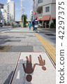 parents take care a child on the street sidewalk 42297375