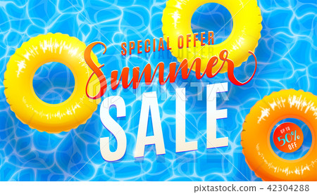Summer sale banner background with blue water texture and yellow pool float. Vector illustration of 42304288