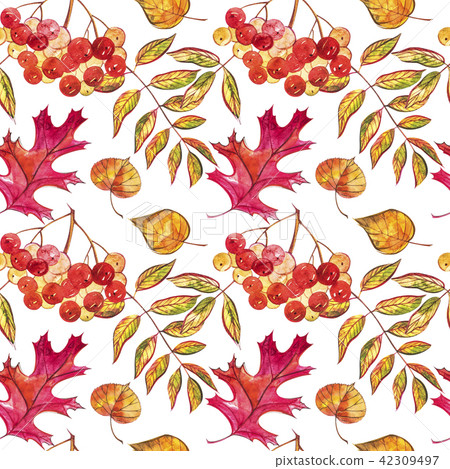 Seamless pattern with acorns and autumn oak leaves in Orange, Beige, Brown and Yellow. Perfect for 42309497