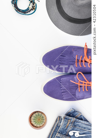 Overhead view of woman casual outfit Overhead view of woman casual outfit 42310504