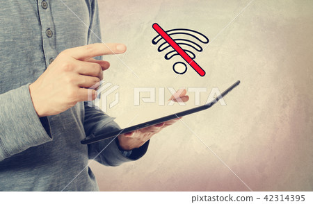 No WiFi theme with man holding a tablet No WiFi theme with man holding a tablet 42314395