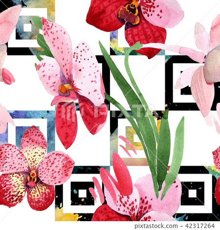 Red orchid vanda flower. Floral botanical flower. Seamless background pattern. Red orchid vanda flower. Floral botanical flower. Seamless background pattern. 42317264