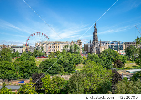 skyline of edinburgh and prince garden in scotland 42320709
