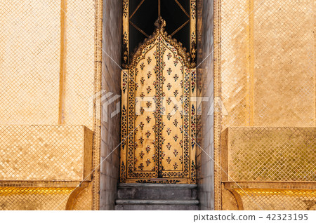 Golden mosaic tile wall and gate of Pagoda Bangkok Golden mosaic tile wall and gate of Pagoda Bangkok 42323195