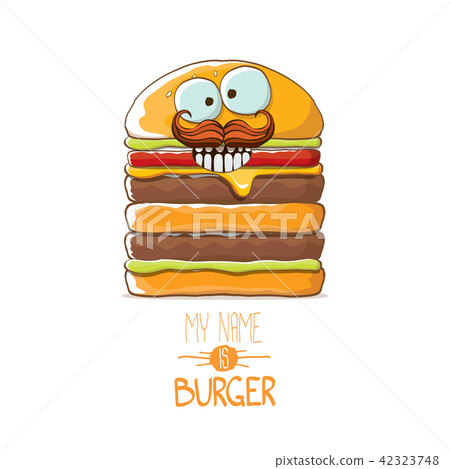 vector cartoon smiling big burger character with cheese, meat and salad icon isolated on white 42323748
