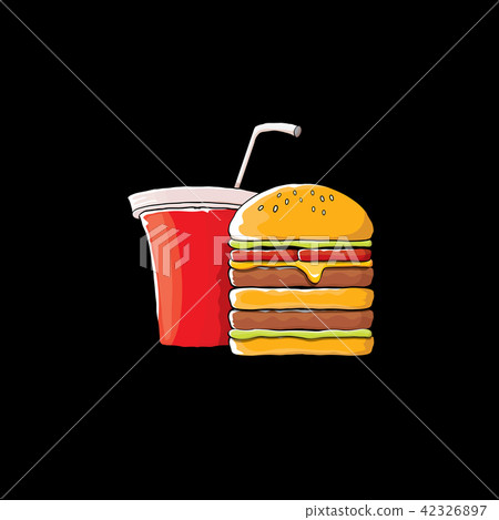 vector cartoon tasty burger and cola paper cup with straw isolated on black background. vector cartoon tasty burger and cola paper cup with straw isolated on black background. 42326897