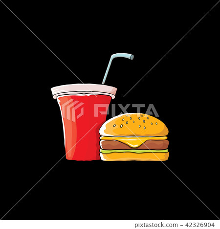 vector cartoon tasty burger and cola paper cup with straw isolated on black background. 42326904
