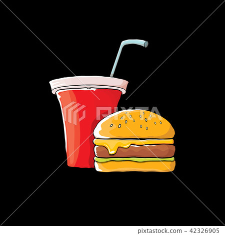 vector cartoon tasty burger and cola paper cup with straw isolated on black background. 42326905