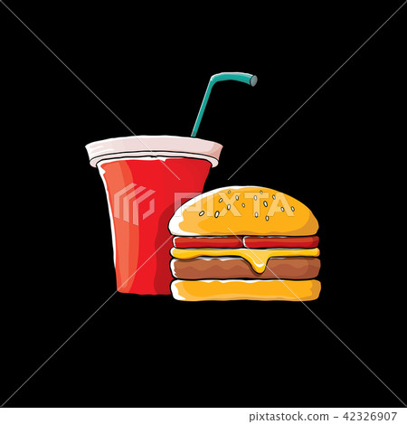 vector cartoon tasty burger and cola paper cup with straw isolated on black background. vector cartoon tasty burger and cola paper cup with straw isolated on black background. 42326907