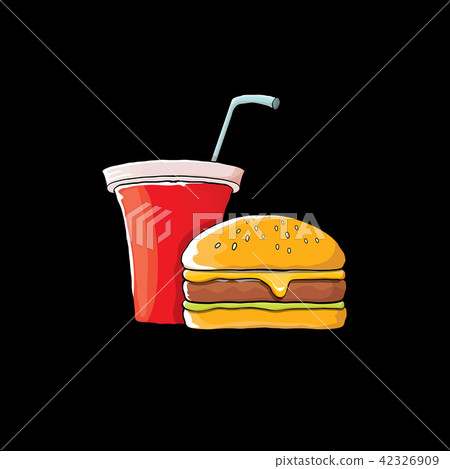 vector cartoon tasty burger and cola paper cup with straw isolated on black background. vector cartoon tasty burger and cola paper cup with straw isolated on black background. 42326909