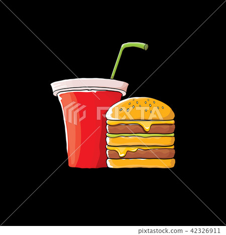 vector cartoon tasty burger and cola paper cup with straw isolated on black background. 42326911